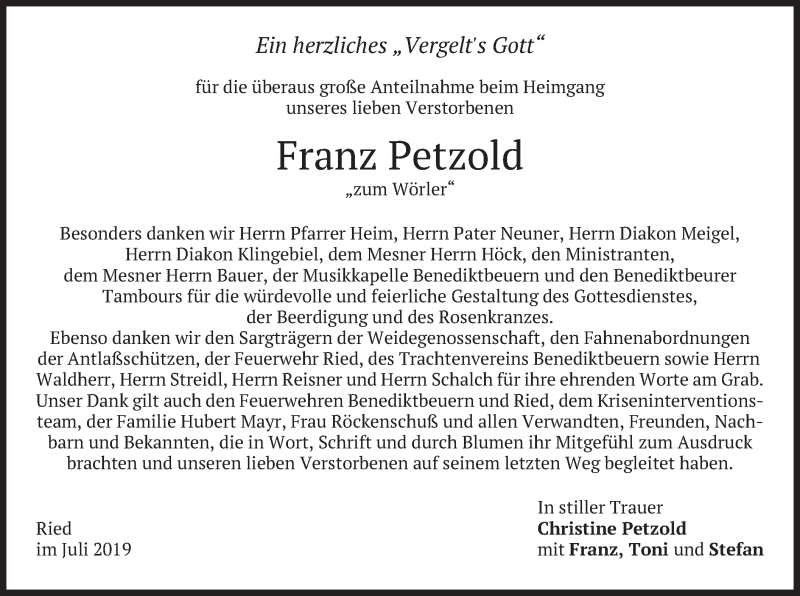  Traueranzeige für Franz Petzold vom 27.07.2019 aus merkurtz