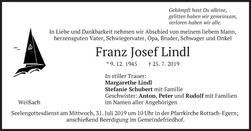  Traueranzeige für Franz Josef Lindl vom 27.07.2019 aus merkurtz