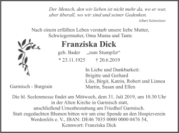 Traueranzeige von Franziska Dick von merkurtz