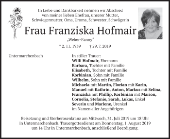 Traueranzeige von Franziska Hofmair von merkurtz