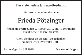 Traueranzeige von Frieda Pötzinger von merkurtz