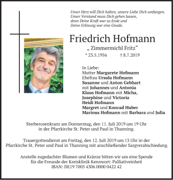 Traueranzeige von Friedrich Hofmann von merkurtz