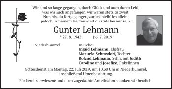 Traueranzeige von Gunter Lehmann von merkurtz