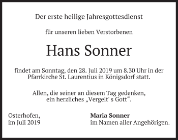 Traueranzeige von Hans Sonner von merkurtz