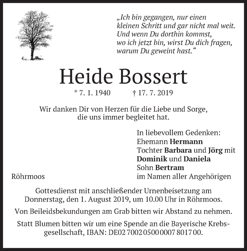  Traueranzeige für Heide Bossert vom 27.07.2019 aus merkurtz