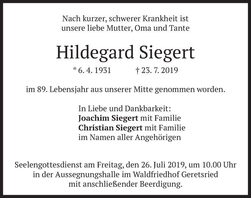  Traueranzeige für Hildegard Siegert vom 24.07.2019 aus merkurtz