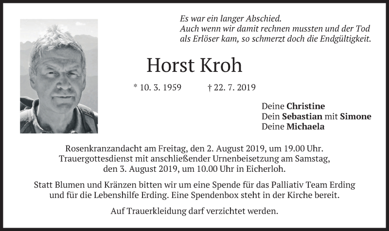  Traueranzeige für Horst Kroh vom 27.07.2019 aus merkurtz