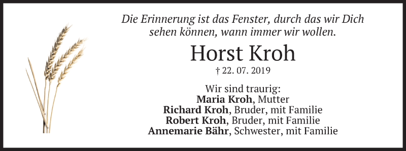  Traueranzeige für Horst Kroh vom 27.07.2019 aus merkurtz