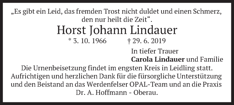  Traueranzeige für Horst Johann Lindauer vom 03.07.2019 aus merkurtz