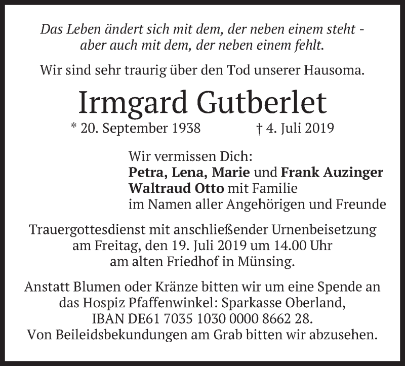 Traueranzeige für Irmgard Gutberlet vom 10.07.2019 aus merkurtz