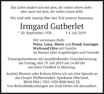 Traueranzeige von Irmgard Gutberlet von merkurtz