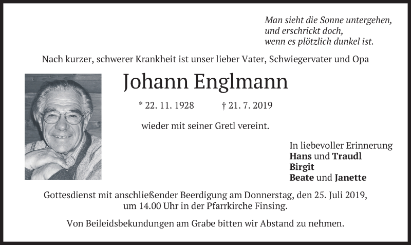  Traueranzeige für Johann Englmann vom 23.07.2019 aus merkurtz