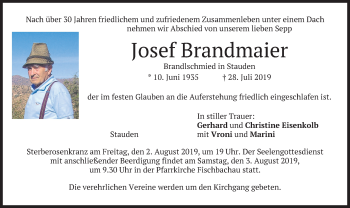 Traueranzeige von Josef Brandmaier von merkurtz