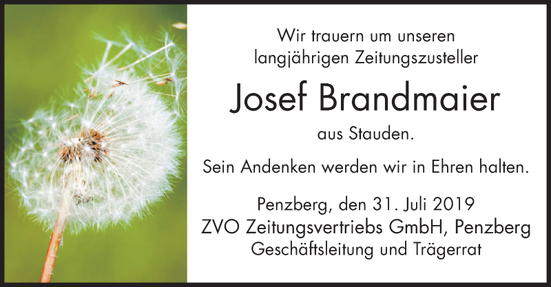  Traueranzeige für Josef Brandmaier vom 31.07.2019 aus merkurtz