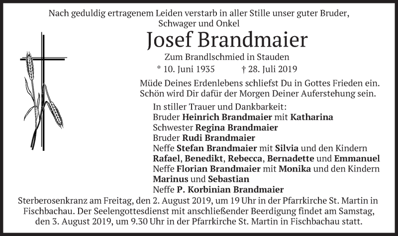  Traueranzeige für Josef Brandmaier vom 31.07.2019 aus merkurtz