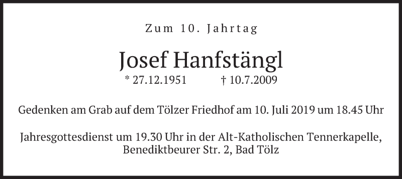  Traueranzeige für Josef Hanfstängl vom 08.07.2019 aus merkurtz