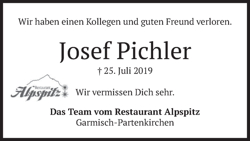  Traueranzeige für Josef Pichler vom 27.07.2019 aus merkurtz