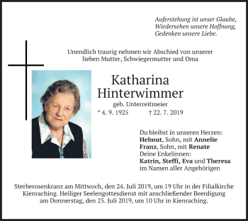 Traueranzeige von Katharina Hinterwimmer von merkurtz