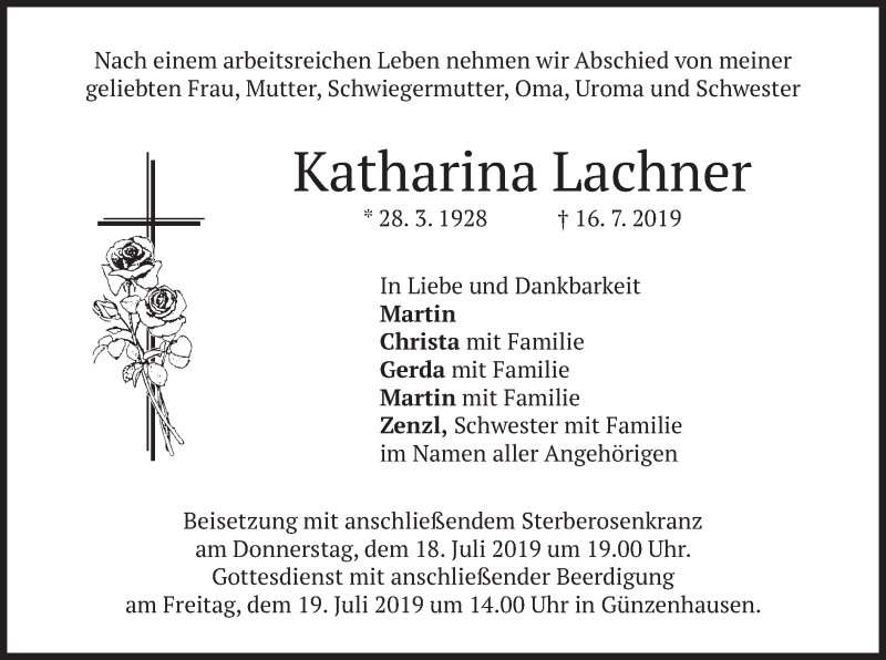 Traueranzeige für Katharina Lachner vom 17.07.2019 aus merkurtz