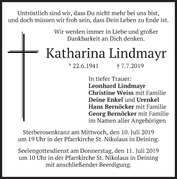 Traueranzeige von Katharina Lindmayr von merkurtz