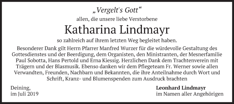  Traueranzeige für Katharina Lindmayr vom 20.07.2019 aus merkurtz