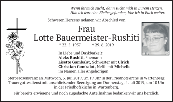 Traueranzeige von Lotte Bauermeister-Rushiti von merkurtz