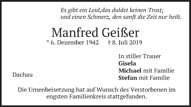  Traueranzeige für Manfred Geißer vom 20.07.2019 aus merkurtz