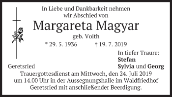 Traueranzeige von Margareta Magyar von merkurtz
