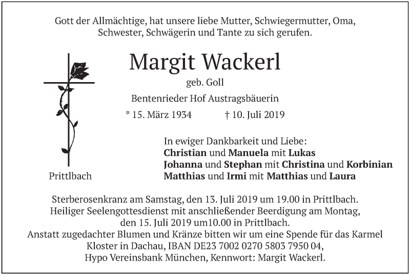  Traueranzeige für Margit Wackerl vom 13.07.2019 aus merkurtz