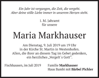 Traueranzeige von Maria Markhauser von merkurtz
