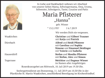 Traueranzeige von Maria Pfisterer von merkurtz