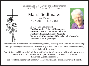 Traueranzeige von Maria Sedlmaier von merkurtz