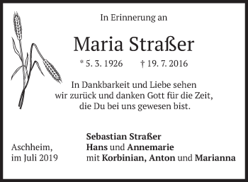 Traueranzeige von Maria Straßer von merkurtz