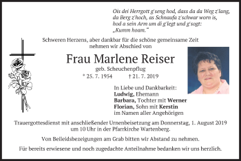 Traueranzeige von Marlene Reiser von merkurtz