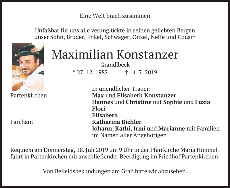  Traueranzeige für Maximilian Konstanzer vom 16.07.2019 aus merkurtz