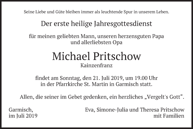  Traueranzeige für Michael Pritschow vom 13.07.2019 aus merkurtz