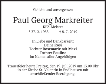Traueranzeige von Paul Georg Markreiter von merkurtz
