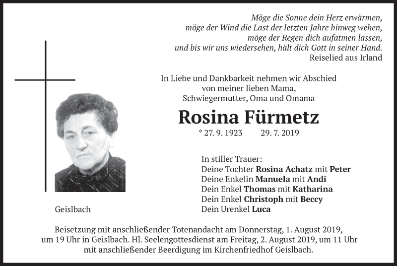  Traueranzeige für Rosina Fürmetz vom 31.07.2019 aus merkurtz