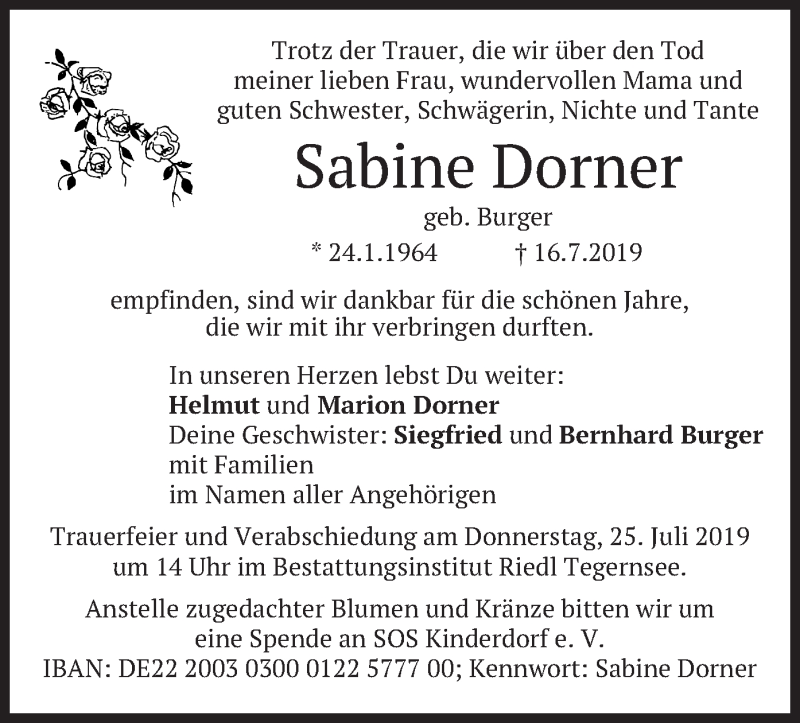  Traueranzeige für Sabine Dorner vom 20.07.2019 aus merkurtz