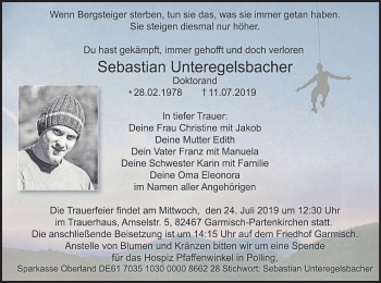 Traueranzeige von Sebastian Unteregelsbacher von merkurtz
