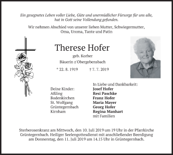 Traueranzeige von Therese Hofer von merkurtz