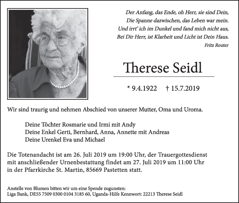  Traueranzeige für Therese Seidl vom 20.07.2019 aus merkurtz
