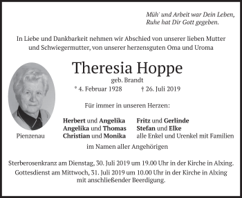 Traueranzeige von Theresia Hoppe