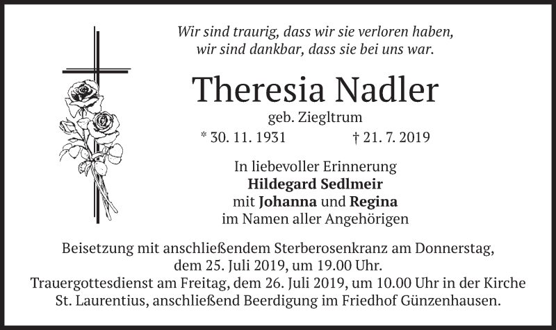  Traueranzeige für Theresia Nadler vom 24.07.2019 aus merkurtz