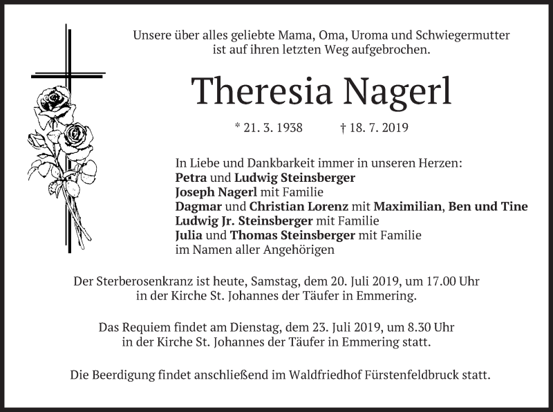  Traueranzeige für Theresia Nagerl vom 20.07.2019 aus merkurtz