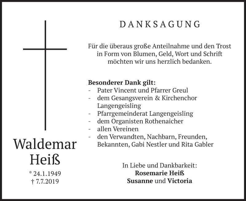  Traueranzeige für Waldemar Heiß vom 20.07.2019 aus merkurtz