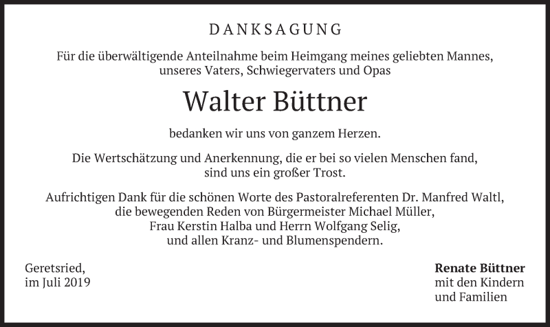  Traueranzeige für Walter Büttner vom 06.07.2019 aus merkurtz