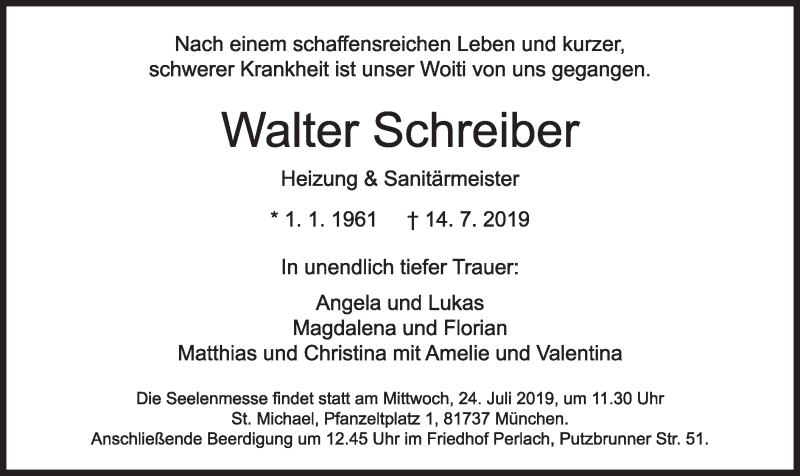  Traueranzeige für Walter Schreiber vom 20.07.2019 aus merkurtz