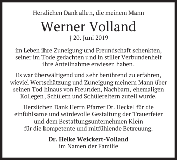 Traueranzeige von Werner Volland von merkurtz