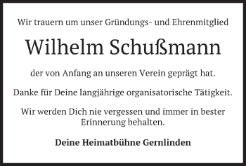 Traueranzeige von Wilhelm Schußmann von merkurtz